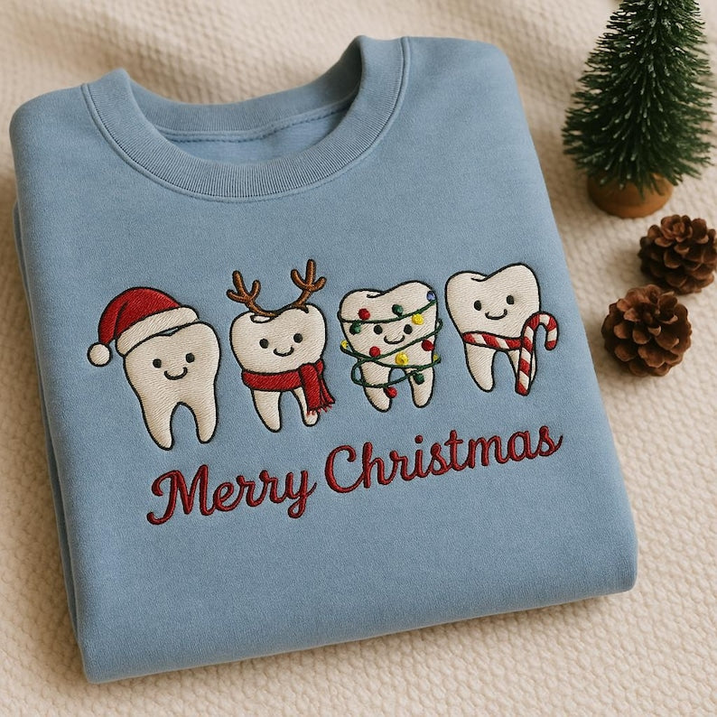 Merry Christmas Teeth Embroidered Sweatshirt Dental Holiday Sweater Hygienist Dentist Gift Cute Teeth Christmas Hoodie Office Party Hoodie 1762396763851.jpg