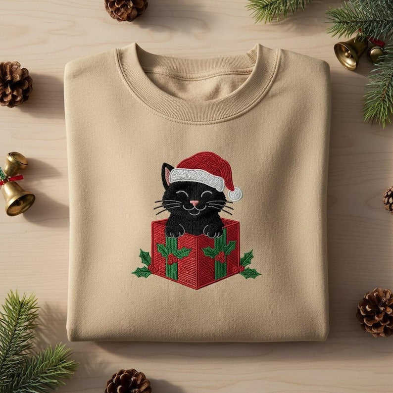 Black Cat Santa Hat Embroidered Sweatshirt Kitten Christmas Present Hoodie Cute Cat Lover Gift Hoodie Holiday Crewneck 1762416004465.jpg