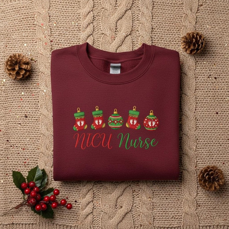 Embroidered Nicu Nurse Sweatshirt Christmas Stocking Baubles Hoodie Neonatal Nurse Crewneck Doctor Gift 1762489565936.jpg