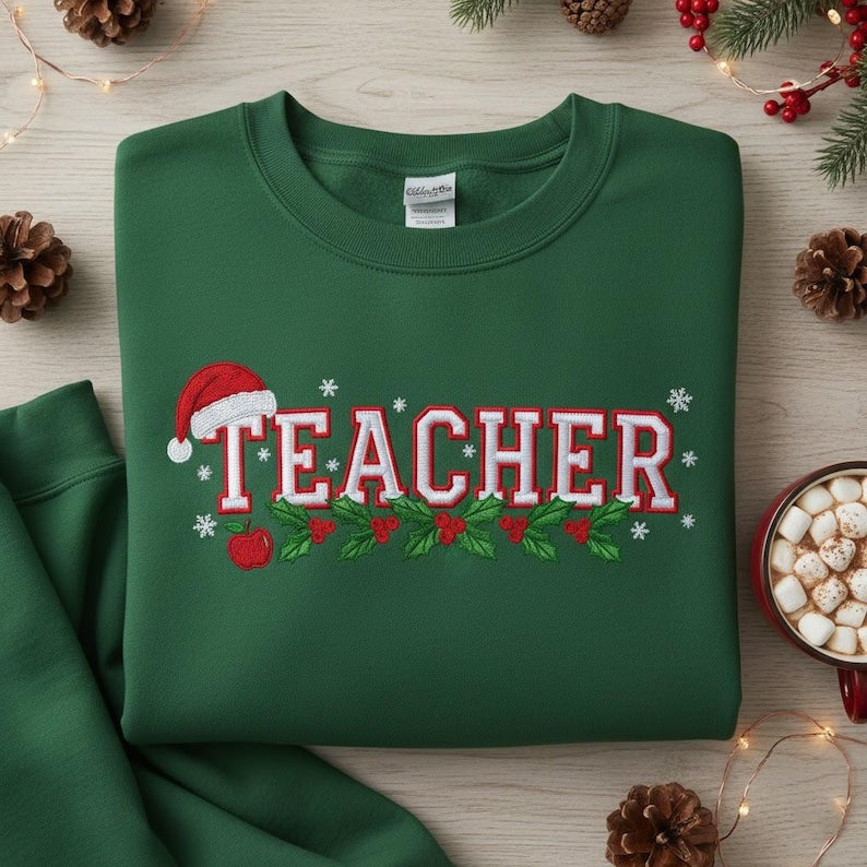 Christmas Teacher Embroidered Sweatshirt Holiday School Teacher Hoodie Santa Hat Apple Gift Educator Appreciation 1762500147067.jpg