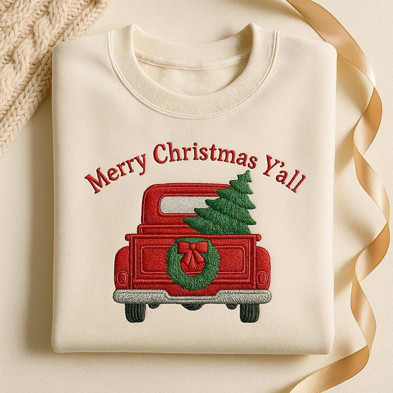 Merry Christmas Yall Embroidered Sweatshirt Southern Holiday Truck Sweater Red Truck Xmas Hoodie Country Christmas Gift 1762767318287.jpg