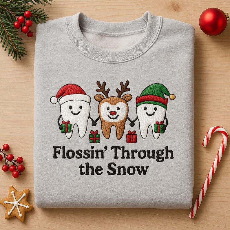 Embroidered Flossin Through Snow Dentist Sweatshirt Funny Dental Christmas Hoodie Tooth  Reindeer Crewneck Gift 1762829366659.jpg