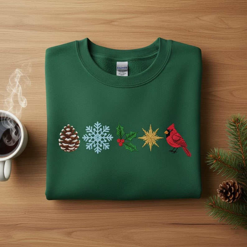 Embroidered Cardinal Pinecone Sweatshirt Holly Snowflake Star Design Hoodie Christmas Bird Sweater Festive Winter Apparel 1763001022002.jpg