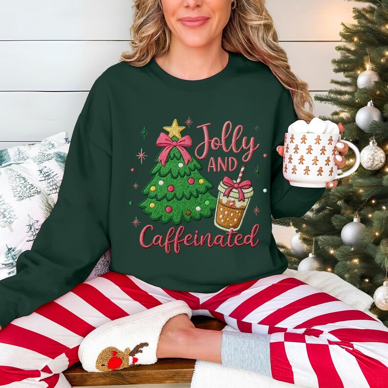 Embroidered Iced Coffee Christmas Sweatshirt Merry Lights Tree Jolly Caffeinated Hoodie Xmas Sweater 1763105381763.jpg