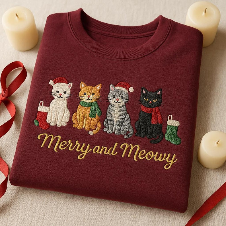 Embroidered Merry And Meowy Sweatshirt Funny Cat Christmas Crewneck Stocking Feline Sweater Cat Lover Gift 1763105714670.jpg