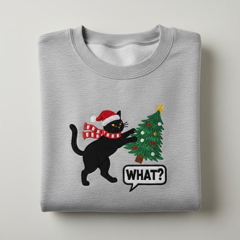 Funny Cat Christmas Embroidered Sweatshirt Black Cat Decorating Christmas Hoodie What Funny Cat Meme Sweater Embroidered Hoodie 1763106422013.jpg