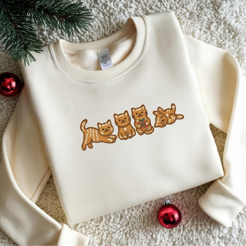 Gingerbread Cat Embroidered Sweatshirt Christmas Holiday Crewneck 1763174188971.jpg