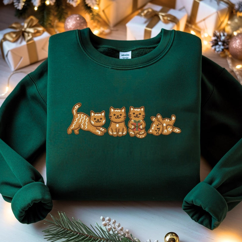 Gingerbread Cat Embroidered Sweatshirt Christmas Holiday Crewneck 1763174189067.jpg