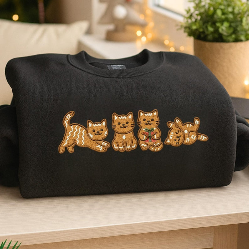 Gingerbread Cat Embroidered Sweatshirt Christmas Holiday Crewneck 1763174189085.jpg