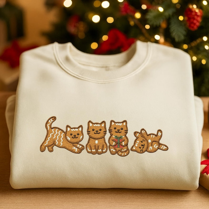 Gingerbread Cat Embroidered Sweatshirt Christmas Holiday Crewneck 1763174189716.jpg