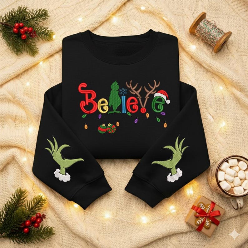 Believe Christmas Embroidered Sweatshirt Cute Green Style Holiday Sweater Christmas Lights Sleeve Shirt Grinchy Sweatshirtcozy Xmas Gift 1763174859564.jpg