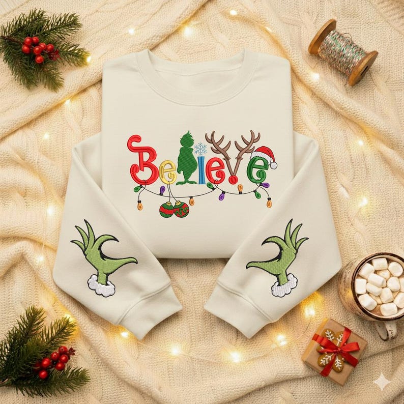 Believe Christmas Embroidered Sweatshirt Cute Green Style Holiday Sweater Christmas Lights Sleeve Shirt Grinchy Sweatshirtcozy Xmas Gift 1763174859572.jpg