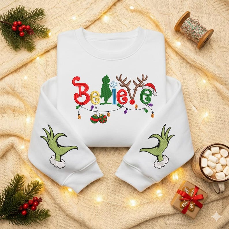 Believe Christmas Embroidered Sweatshirt Cute Green Style Holiday Sweater Christmas Lights Sleeve Shirt Grinchy Sweatshirtcozy Xmas Gift 1763174859581.jpg