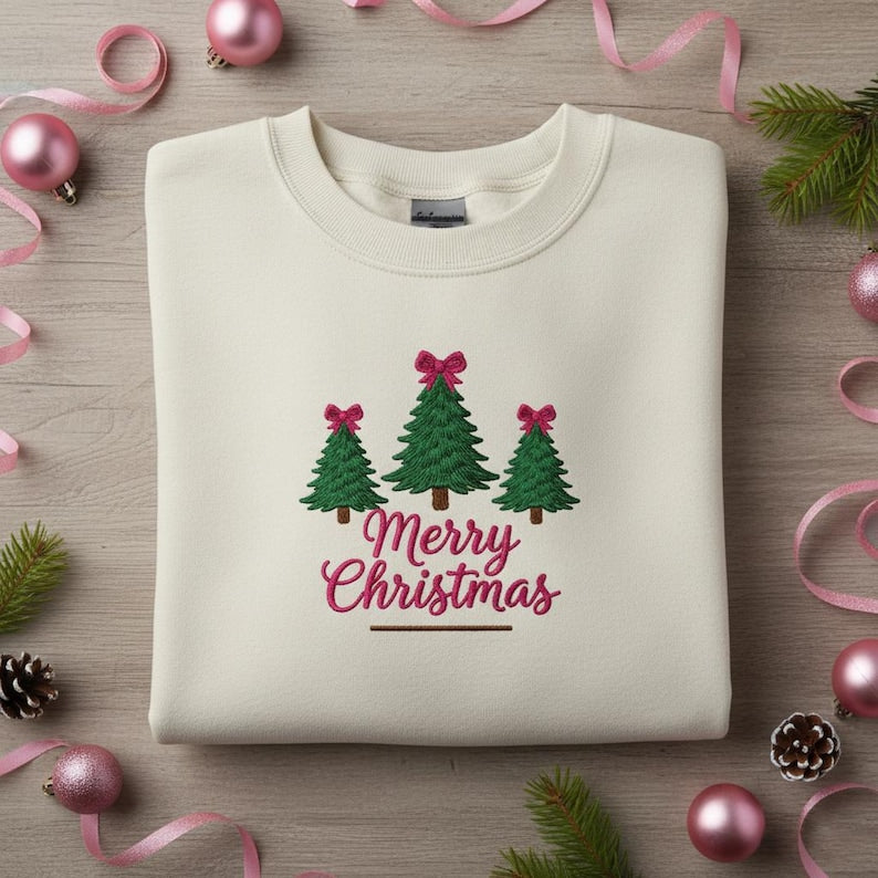 Embroidered Merry Christmas Sweatshirt Three Trees Pink Bow Design Hoodie Festive Holiday Sweater Xmas Apparel Unique Winter Gift 1763353458527.jpg