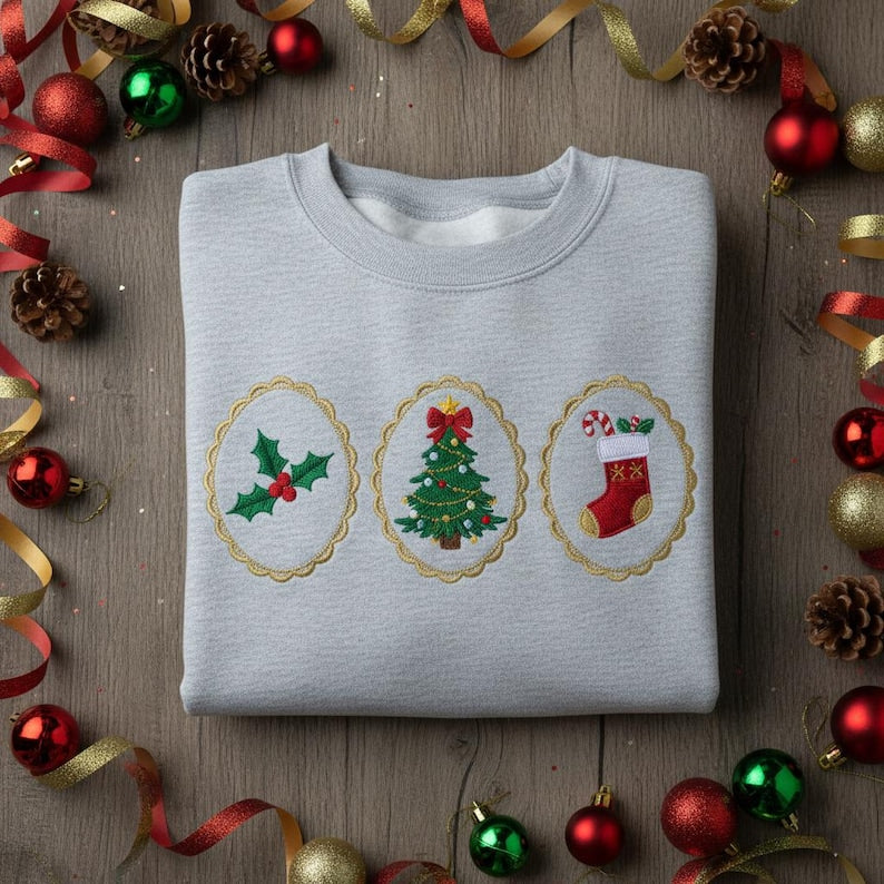 Embroidered Christmas Trio Sweatshirt Holly Christmas Tree Hoodie Candy Cane Stocking Oval Icon Design Gray Gift 1763354038088.jpg