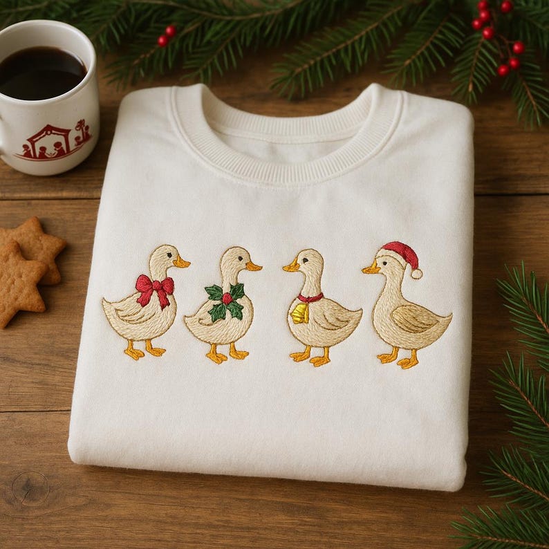 Christmas Duck Embroidered Sweatshirt Holiday Goose Sweater Cute Bird Hoodie With Bows And Bell Festive Xmas Gift 1763354589076.jpg