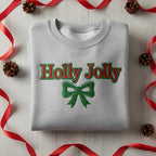 Embroidered Holly Jolly Sweatshirt Redgreen Block Slogan With Large Green Ribbon Bow Gray Holiday Hoodie 1763433933281.jpg