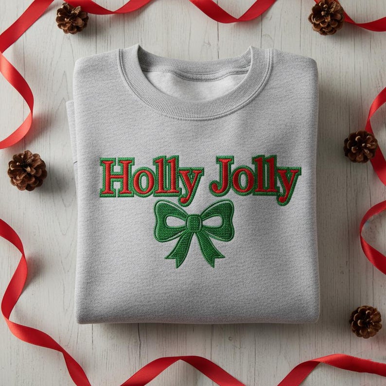 Embroidered Holly Jolly Sweatshirt Redgreen Block Slogan With Large Green Ribbon Bow Gray Holiday Hoodie 1763433933281.jpg