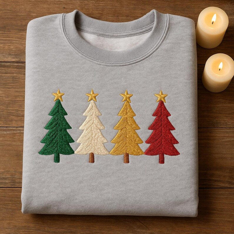 Embroidered Christmas Trees Sweatshirt Colorful Xmas Tree Line Hoodie Festive Holiday Decor Sweater Minimalist Gift 1763439563677.jpg