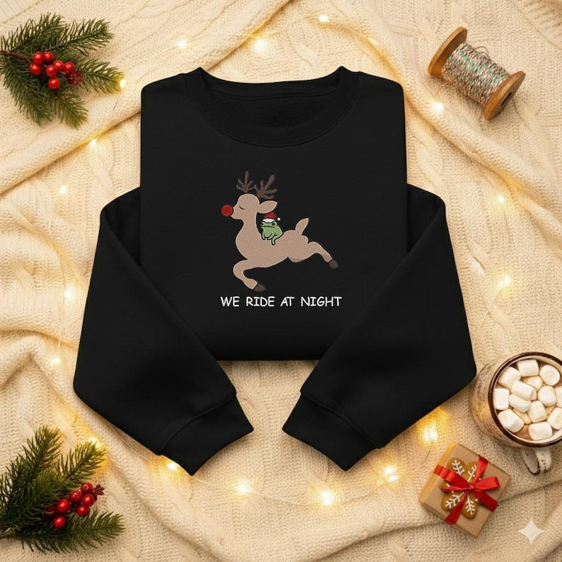 We Ride At Night Sweatshirt Funny Frog Riding Reindeer Embroidery Hoodie Christmas Cozy Embroidered Sweater Chaotic Animal Holiday Hoodie 1763452447235.jpg