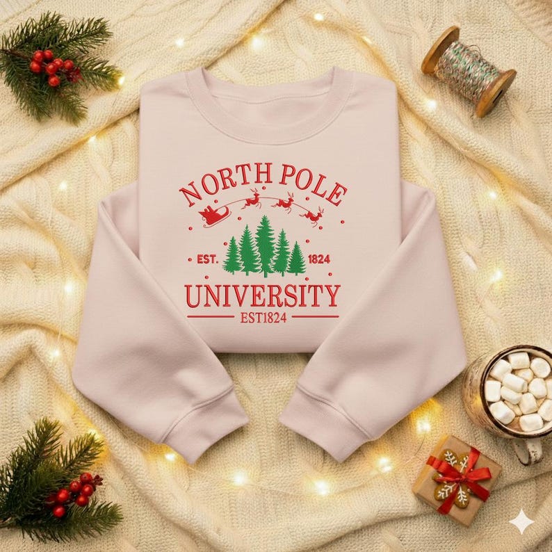 North Pole University Embroidered Sweatshirt Christmas College Style Sweater Santa Reindeer Embroidery Hoodie Cozy Holiday Gift 1763454085541.jpg
