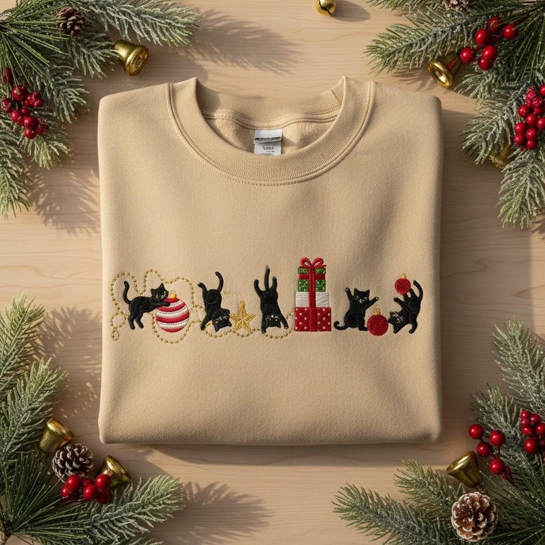 Black Cat Christmas Mischief Embroidered Sweatshirt Kitten Playing Ornaments Hoodie Funny Cat Xmas Crewneck Hoodie Holiday Gift 1763517603543.jpg