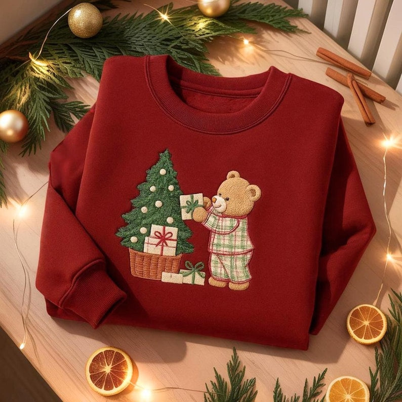 Embroidered Christmas Bear Sweatshirt Holiday Tree And Gift Hoodie Cozy Bear Sweater Cute Winter Gift For Her 1763520162834.jpg