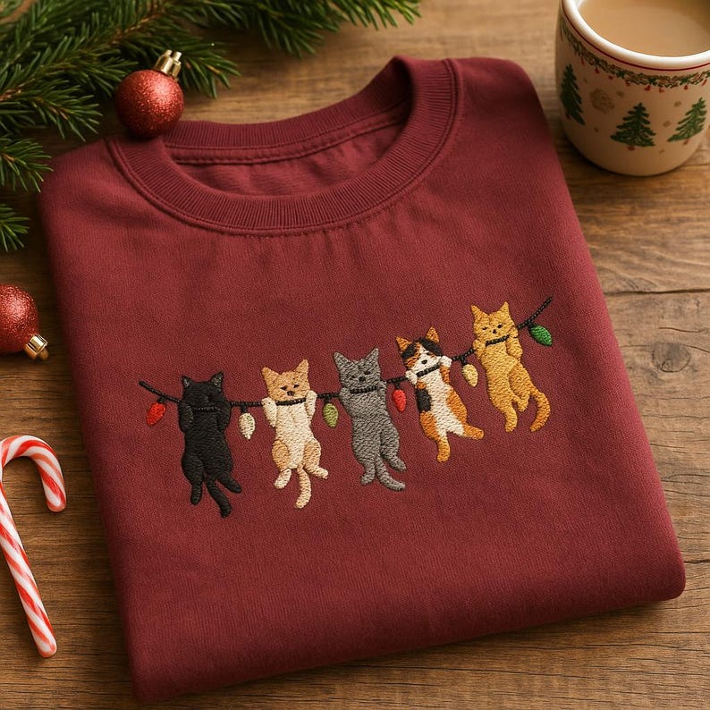 Christmas Cat Embroidered Sweatshirt Funny Kitten Hanging On Lights Sweater Holiday Pet Lover Hoodie Xmas Gift 1763523466538.jpg