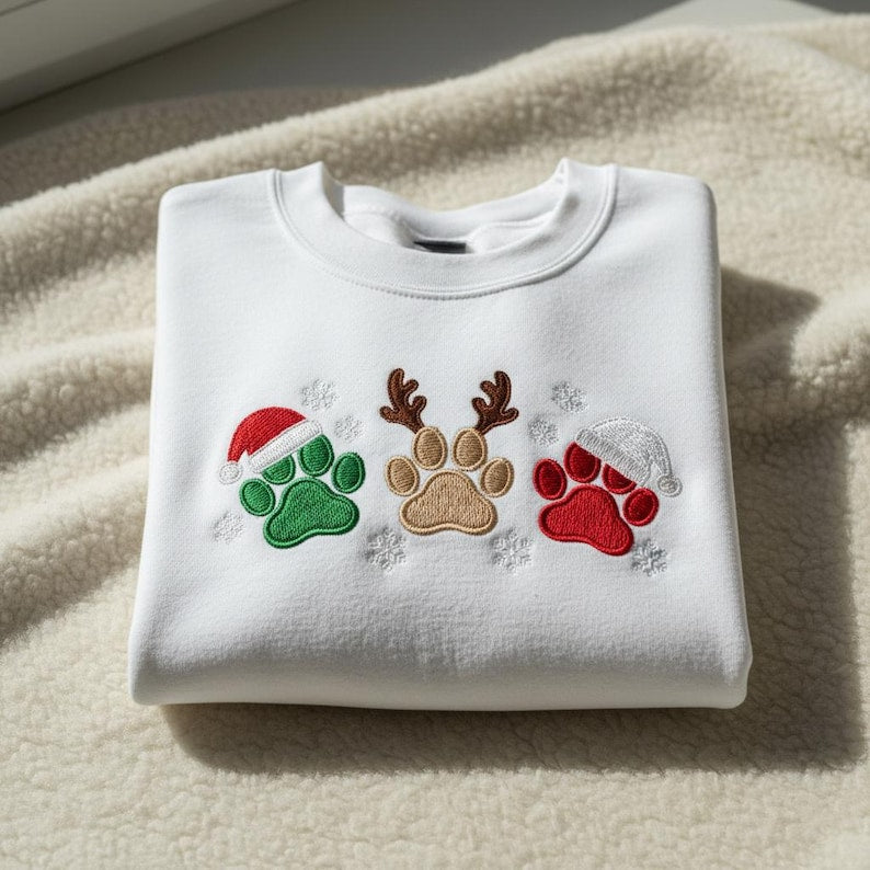 Christmas Paw Print Embroidered Sweatshirt Cute Pet Lover Holiday Hoodie Santa Hat Reindeer Paw Dog Mom Gift Cat Mom Xmas Crewneck 1763526367549.jpg