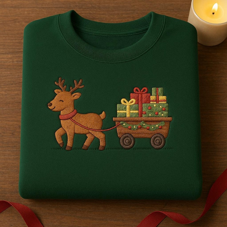 Reindeer Christmas Gifts Embroidered Sweatshirt Cute Reindeer Cart Crewneck Festive Animal Hoodie Holiday Gift 1763535862548.jpg