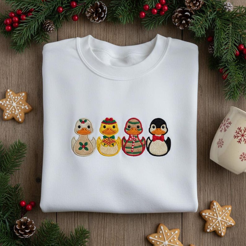 Embroidered Duck And Penguin Sweatshirt Rubber Ducks And Penguin In Holiday Attire White Christmas Gift 1763537028077.jpg
