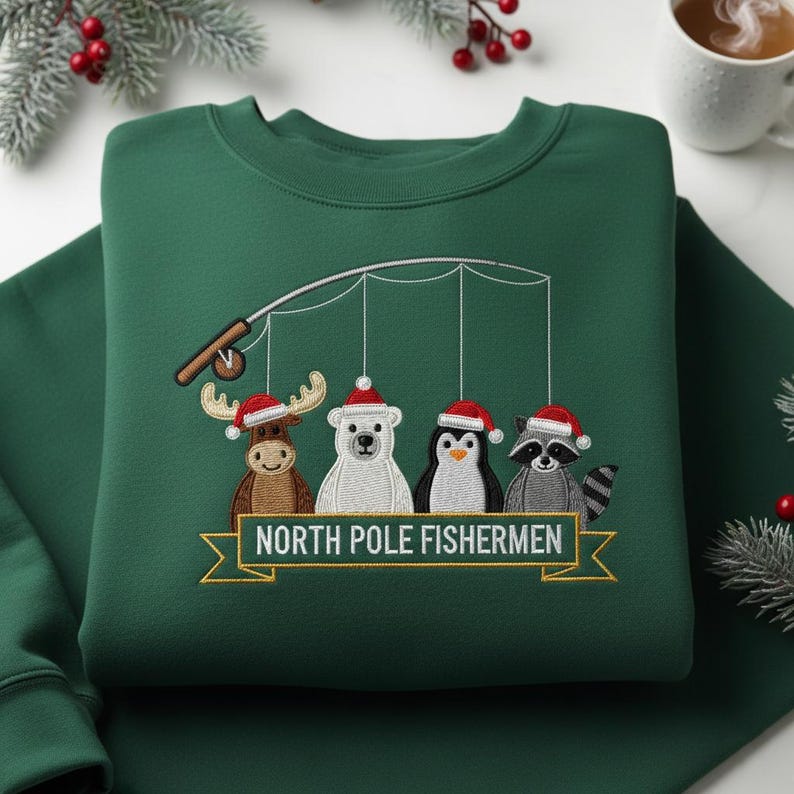 North Pole Fishermen Embroidered Sweatshirt Funny Christmas Animal Hoodie Holiday Moose Bear Penguin Sweater Raccoon Santa Hat Gift 1763539341129.jpg