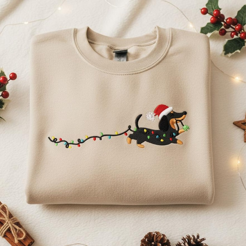 Embroidered Dachshund Christmas Sweatshirt With Santa Hat And Lights Design 1763540527511.jpg