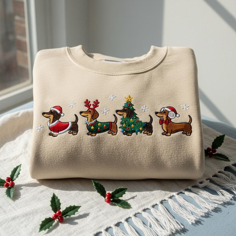 Embroidered Dachshund Christmas Sweatshirt Sausage Dog Lover Xmas Crewneck Wiener Dog Holiday Hoodie Pet Owner Sweater 1763542621524.jpg