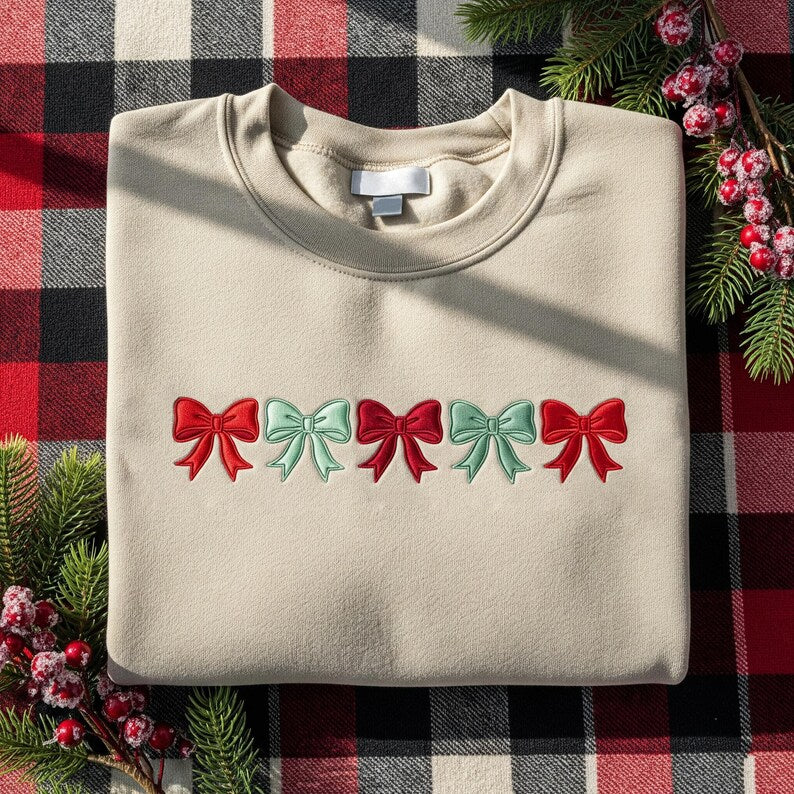 Festive Christmas Bow Embroidered Sweatshirt Cute Red  Green Holiday Ribbon Design Cozy Aesthetic Winter Hoodie For Women Trendy Seasonal Gift 1763544462043.jpg