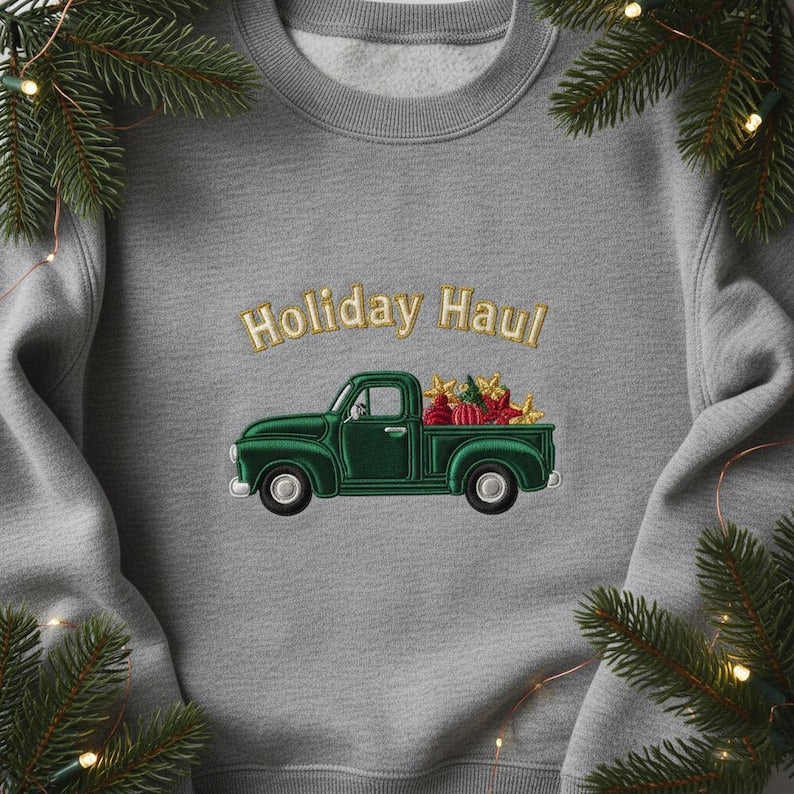 Green Vintage Truck Holiday Haul Embroidered Sweatshirt Christmas Gift Sweater Retro Xmas Crewneck Pickup Truck Holiday Hoodie 1763546223356.jpg