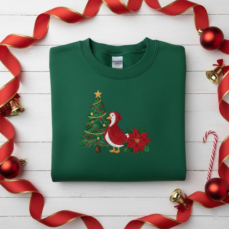 Embroidered Goose Red Cape Christmas Tree Sweatshirt Festive Poinsettia Hoodie Holiday Animal Crewneck Xmas Bird Apparel 1763604311467.jpg