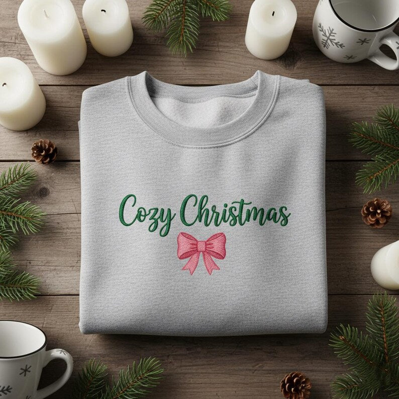 Embroidered Cozy Christmas Sweatshirt Pink Ribbon Bow Accent Green Script Slogan Gray Minimalist Holiday Hoodie 1763605201297.jpg