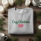 Embroidered Cozy Christmas Sweatshirt Pink Ribbon Bow Accent Green Script Slogan Gray Minimalist Holiday Hoodie 1763605201297.jpg