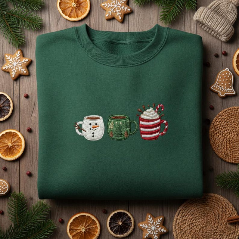 Embroidered Snowman Mug Trio Sweatshirt Festive Cocoa Cups With Christmas Tree And Candy Cane Design Hoodie Green Gift 1763607233271.jpg