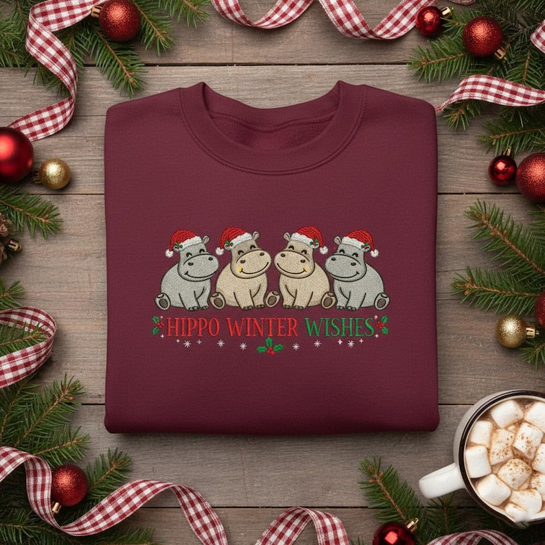 Embroidered Hippo Winter Wishes Sweatshirt Hippo Quartet In Santa Hats Hoodie Maroon Animal Holiday Apparel Gift 1763610480803.jpg