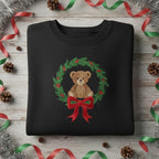 Embroidered Teddy Bear Christmas Wreath Sweatshirt Festive Feline Friends With Red Bow Hoodie Black Holiday Gift 1763611631785.jpg