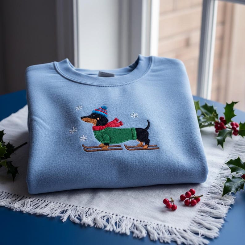 Skiing Dachshund Embroidered Sweatshirt Wiener Dog Christmas Crewneck Sausage Dog Lovers Sweater Holiday Dog Mom Hoodie Xmas Gifts 1763621963380.jpg