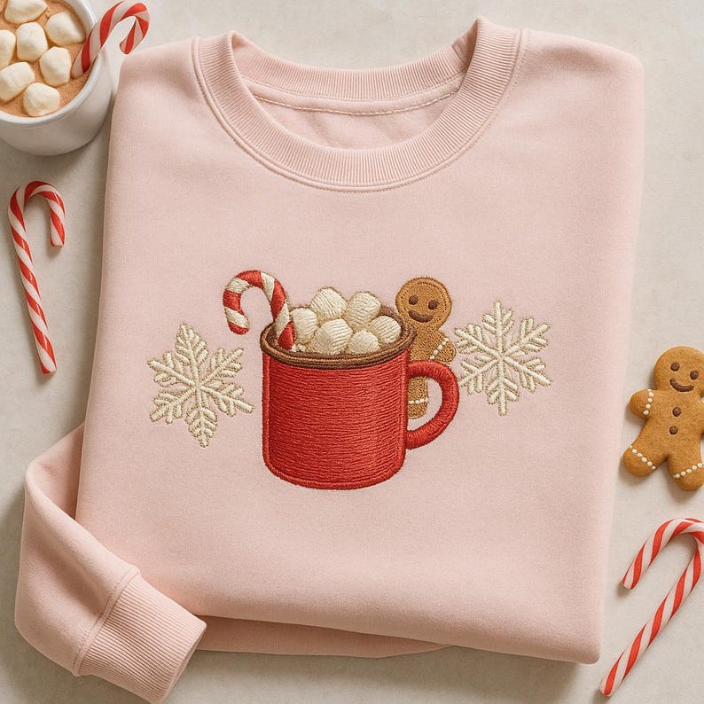Embroidered Hot Cocoa Sweatshirt Gingerbread Hot Chocolate Mug Hoodie Cute Winter Drink Holiday Gift Pink Sweater 1763630578367.jpg
