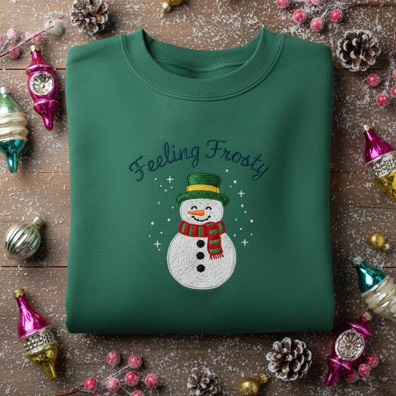 Feeling Frosty Embroidered Sweatshirt Snowman Hoodie Funny Christmas Sweater Cute Winter Apparel Green Holiday Gift 1763697389479.jpg