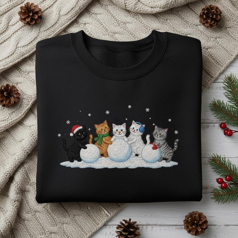 Cats Making Snowman Embroidered Sweatshirt Cute Cat Mom Winter Crewneck Festive Animal Hoodie Black Cat Xmas Gift 1763699208132.jpg