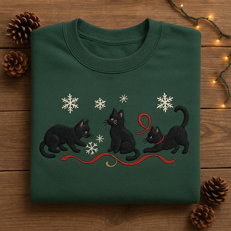 Embroidered Black Cat Sweatshirt Three Christmas Kittens Snowflake Hoodie Winter Holiday Pet Lover Sweater 1763710716890.jpg