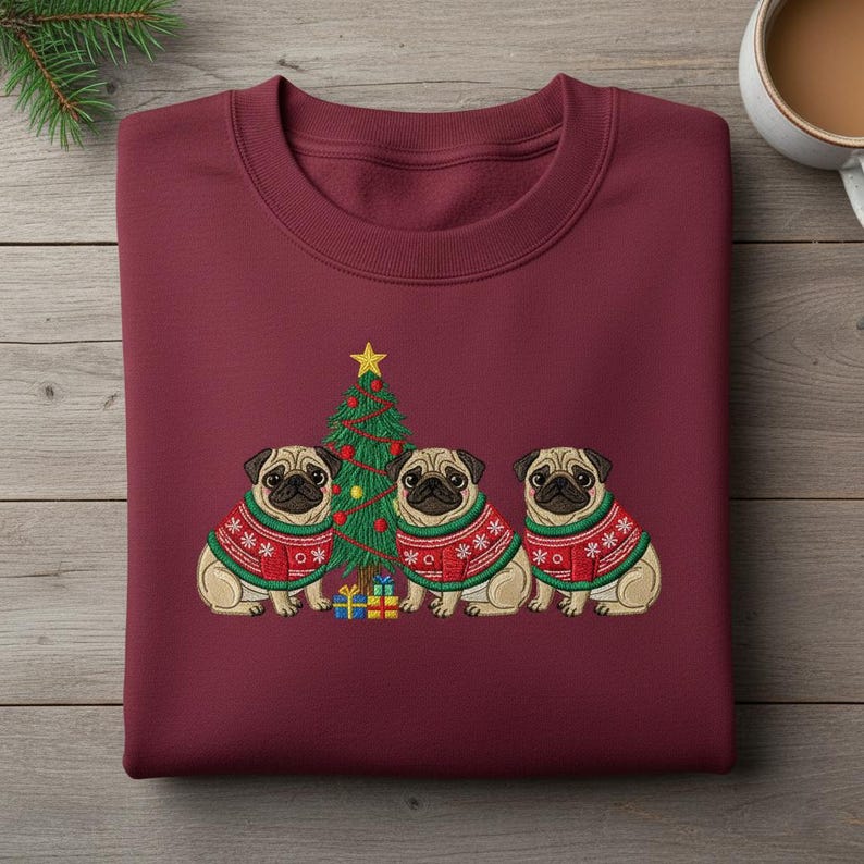 Embroidered Pug Christmas Sweater Sweatshirt Three Pugs Dog Ugly Xmas Hoodie Holiday Puppy Hoodie Cute Dog Mom Gift Idea 1763711892524.jpg