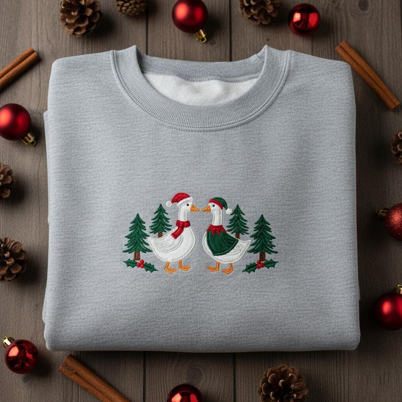Embroidered Goose Couple Christmas Trees Sweatshirt Matching Holiday Bird Hoodie Festive Winter Crewneck Xmas Lovers Sweater 1763712690489.jpg