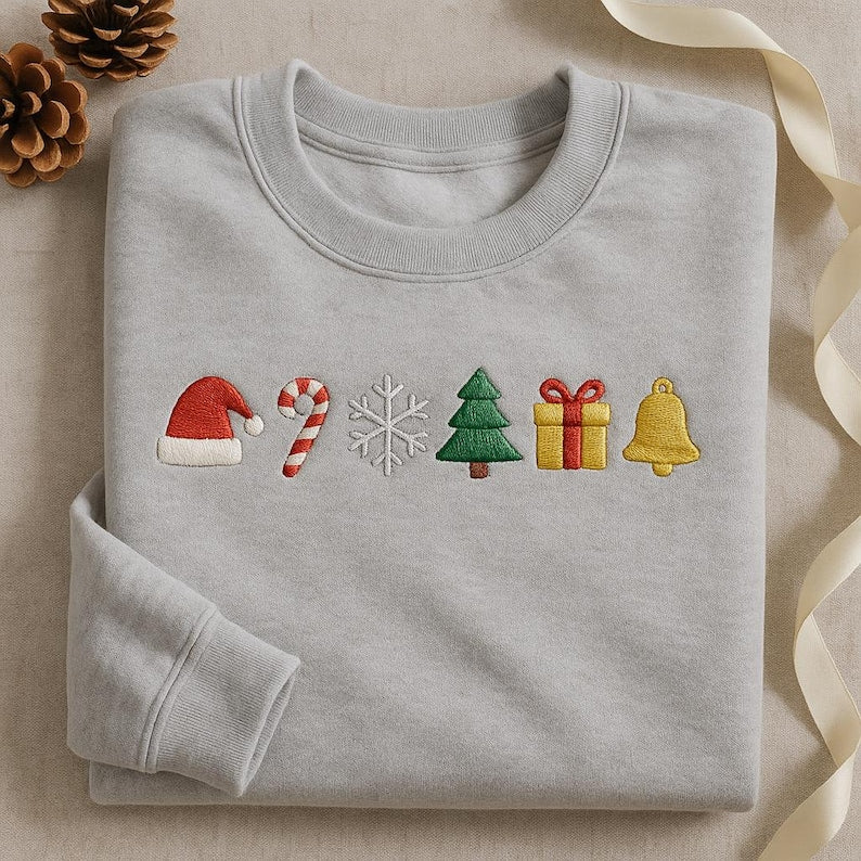 Embroidered Christmas Icons Sweatshirt Festive Xmas Symbols Hoodie Santa Hat Candy Cane Holiday Gift Minimalist Sweater 1763718861366.jpg